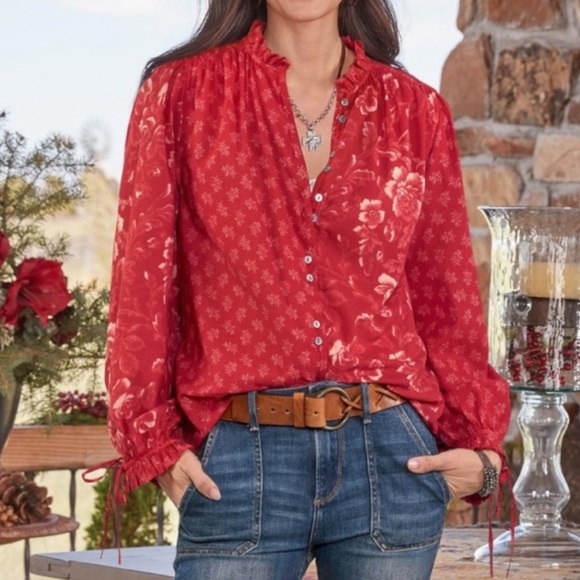 Sundance Top Blouse Janica Floral Red Long Sleeve Boho Prairie Western Cottage - Picture 1 of 16